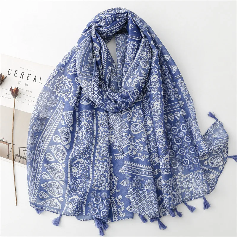 Thin Fashion Aztec Paisley Floral Tassel Viscose Shawl Scarf High Quality Wrap Pashmina Stole Bufandas Muslim Hijab 180*90Cm