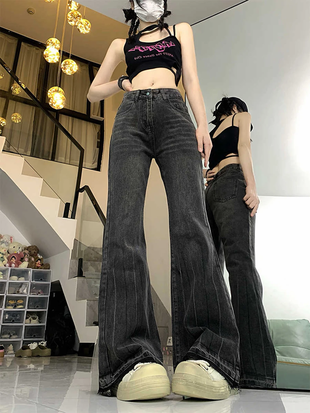 

Oversized Flare Denim Pants Women Spring Autumn High Waist Slim Black Grey Washed Jeans Female Vintage Long Pants Streetwear