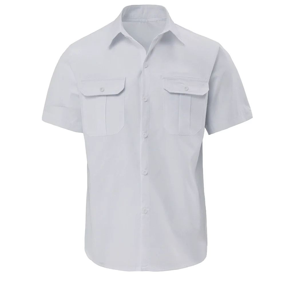 

Summer Men's Lapel Solid Short Sleeve Casual Shirts with Two Pockets Business Loose Fit Button Shirts Men Breathable Cardigan