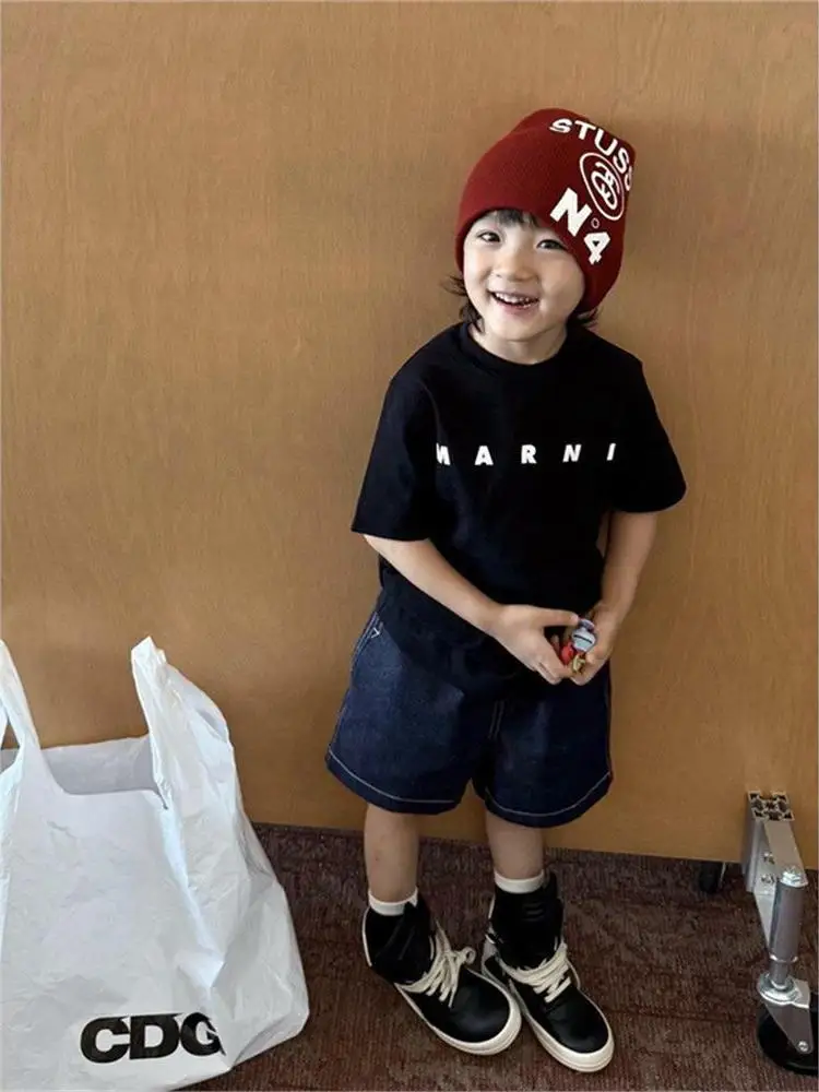 Loose Casual Short Sleeve round Neck Children's T-shirt Boys' Summer Fashionable Letter Print Top Comfortable Breathable Swea...