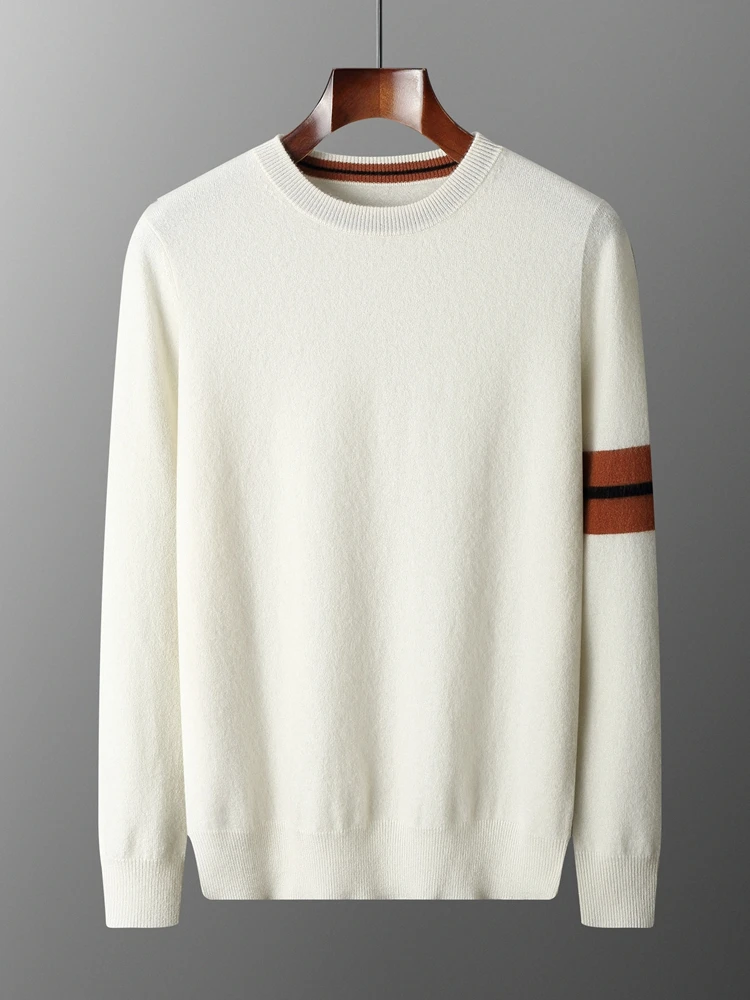 

TLOML Autumn Winter Men's 100% Cashmere Sweater O-neck Pullover Color Blocking Cashmere Knitwear Soft Thicken Casual Comfy Tops