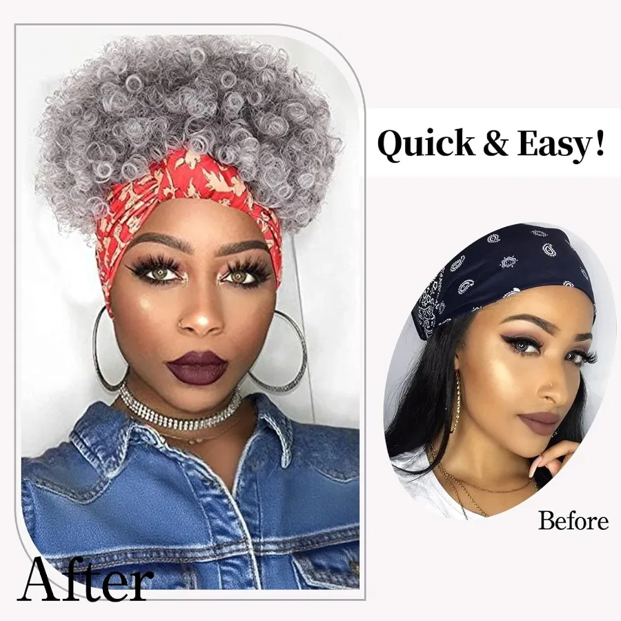 تمديد ذيل حصان أفرو منتفخ كبير جدًا للنساء ذوات البشرة السمراء مع شعر صناعي رمادي أومبير ومجعد ومشبك برباط