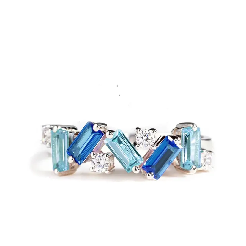 New Simple Geometry Pink/Blue Square Zircon Circle Gold Color Ring for Women Fashion Trend Jewelry