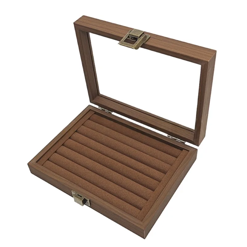 Ring Jewelry Storage Box Small Black Walnut Wood Grain Brown Flannel Earrings Earrings Jewelry Collection Display Box Dust-proof