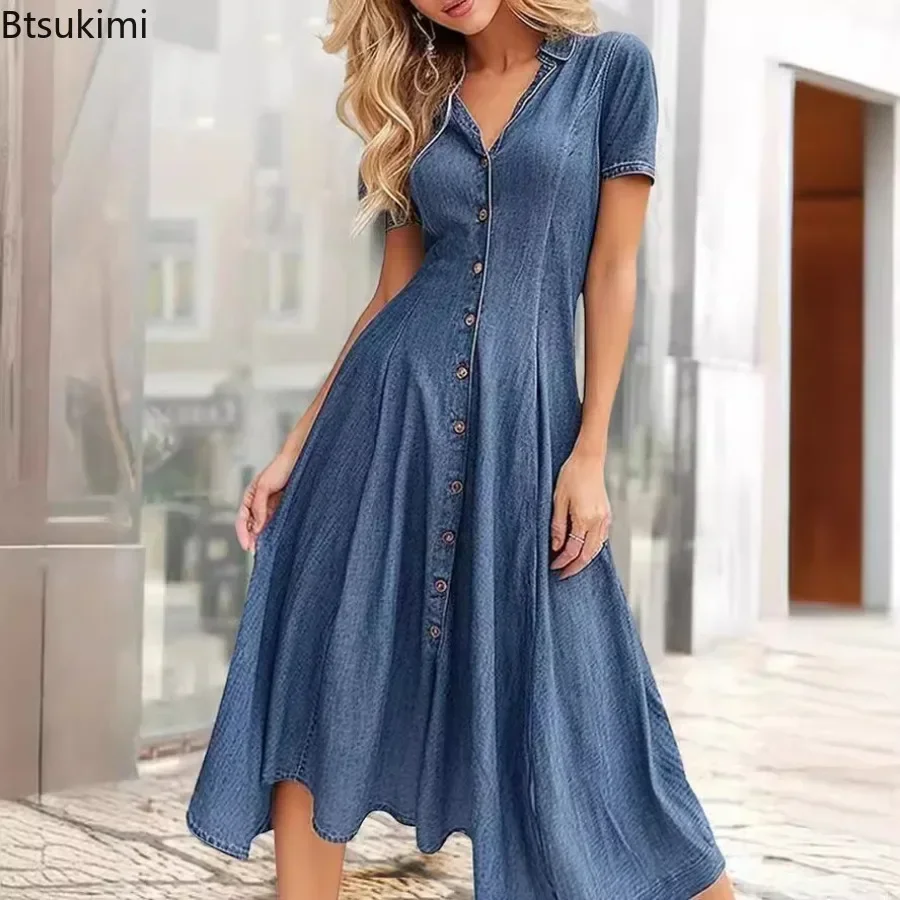 

New2025 Women's Casual Short Sleeve Jeans Dress Denim Dress Button Front Slim Fit Loose Dress Female V-neck Long Dress for Girls