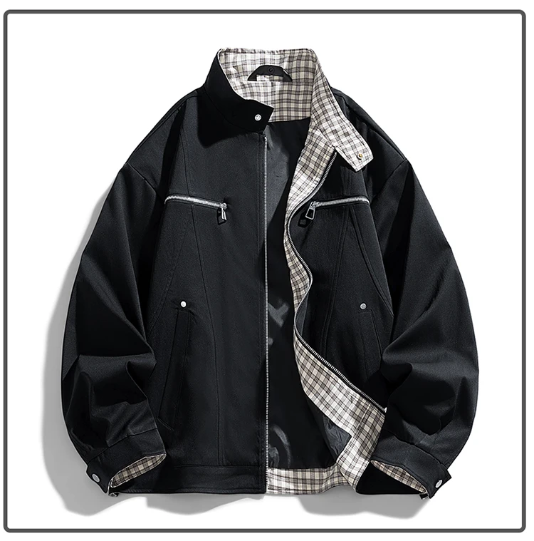 Herren Stehkragen-Freizeitjacke – Einfarbige, locker sitzende Windjacke mit Reißverschluss und Karofutter, Streetwear-Oberbekleidung – Detail 3