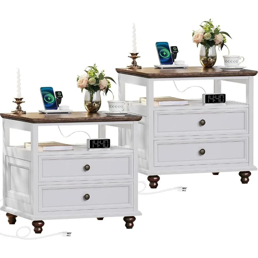 

Farmhouse Nightstand Set of 2 with Charging Station, 24" Wide End Table with 2 Drawers,Dresser for Bedroom,Bed Side Table Chest