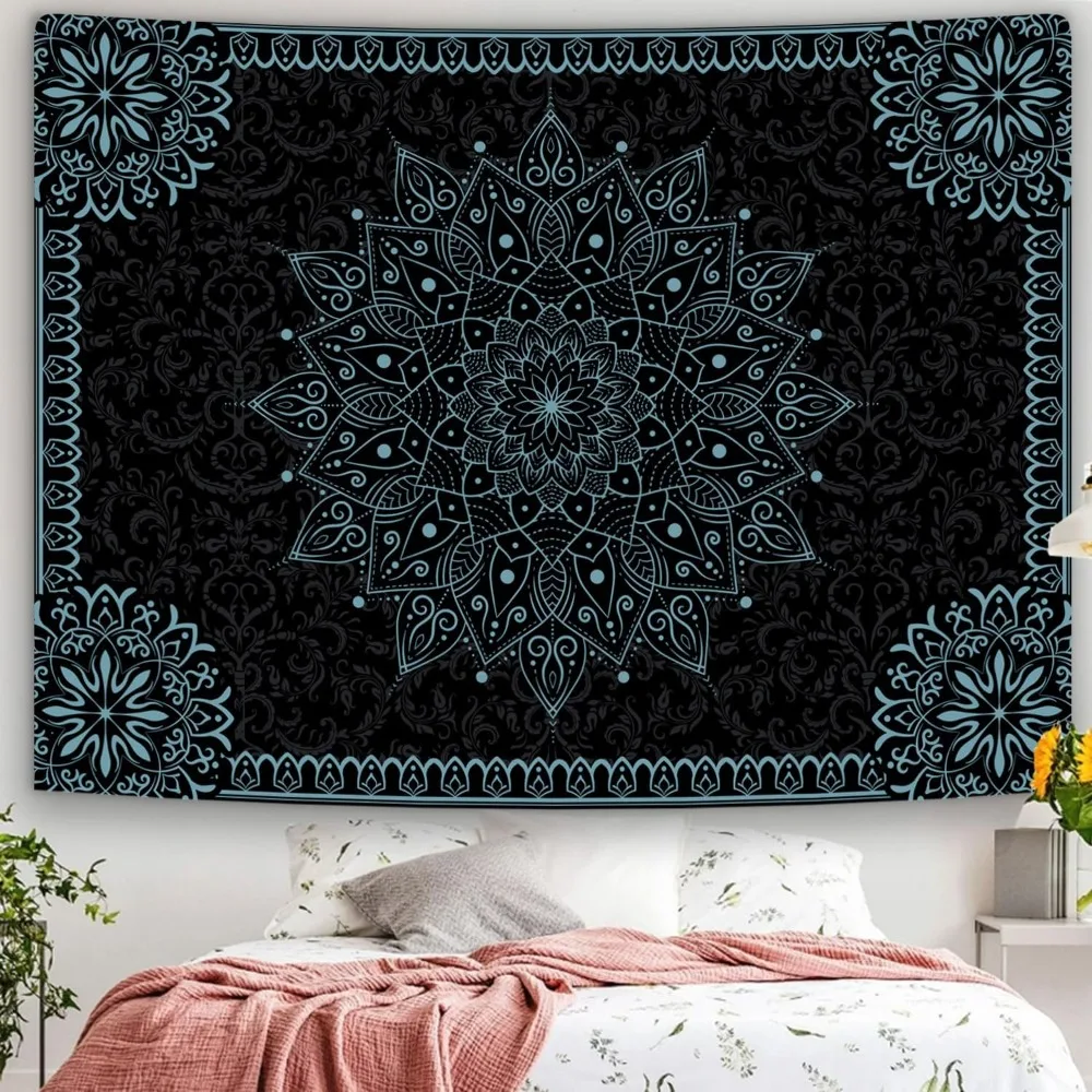 Simpkili Black Mandala Tapestry, Blue Lotus Bohemian Wall Hanging, Meditation Hippie Indian Bohemian Wall Art Tapestry