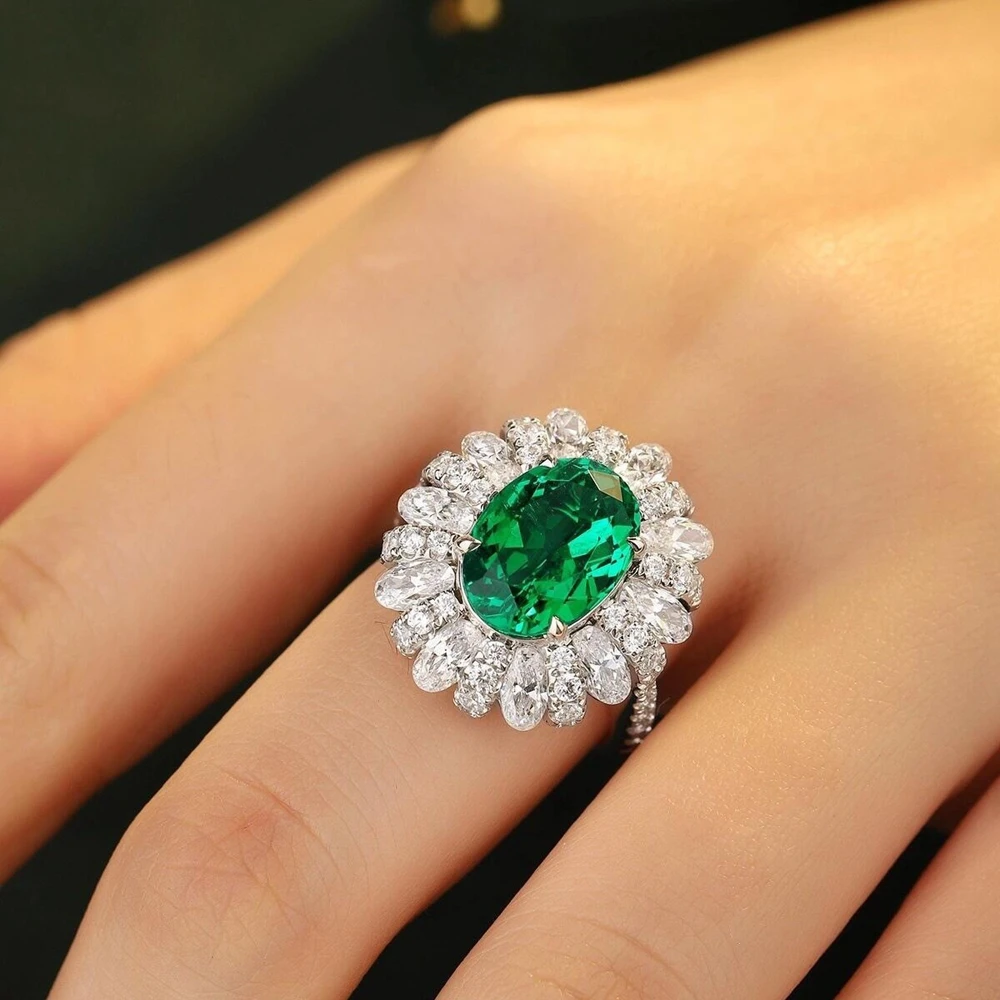 Vinregem 9*12MM Oval Cut Emerald High Carbon Diamond Gems Vintage 925 Sterling Silver Cocktail Party Ring for Women Fine Jewelry