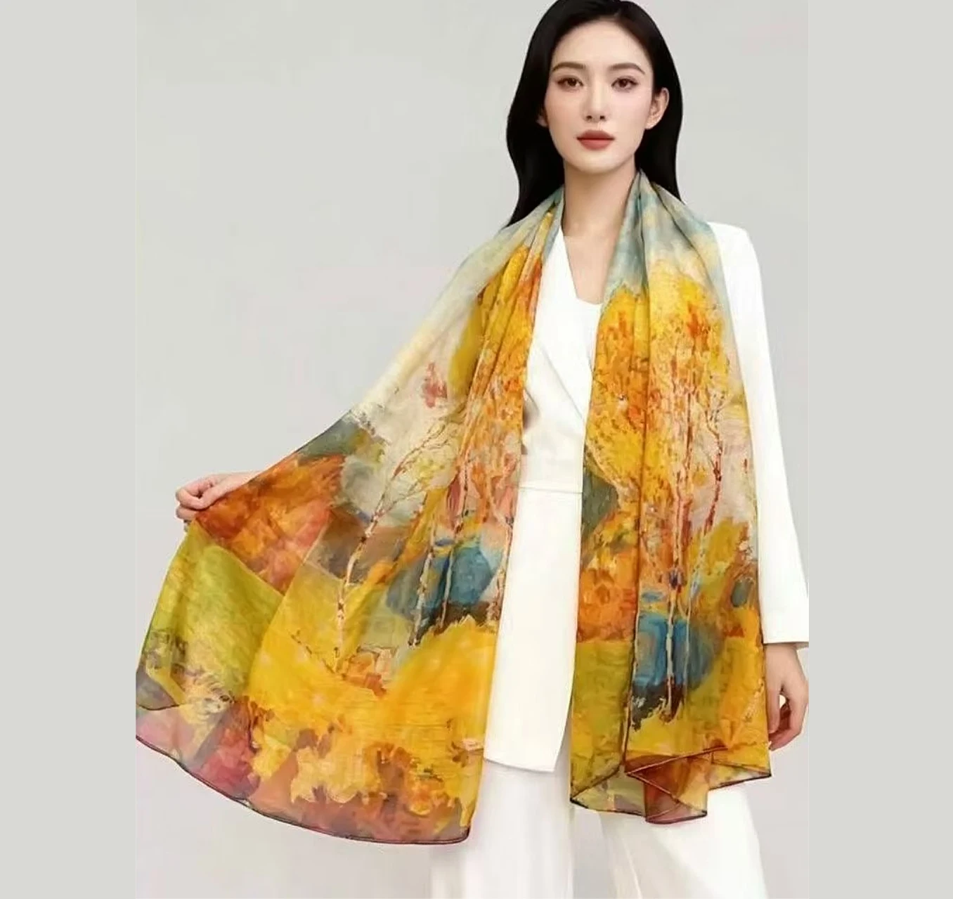 

БИСИФА | Желтый шарф-палантин из 100% шелка для женщин, новый осенний дизайн «Березовый лес», длинные шарфы-платки, летние пляжные накидки-шарфы