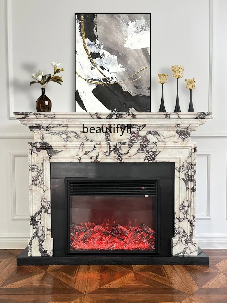 A  Light luxury American simple marble TV decorative cabinet stone carving mantel living room background wall decoration