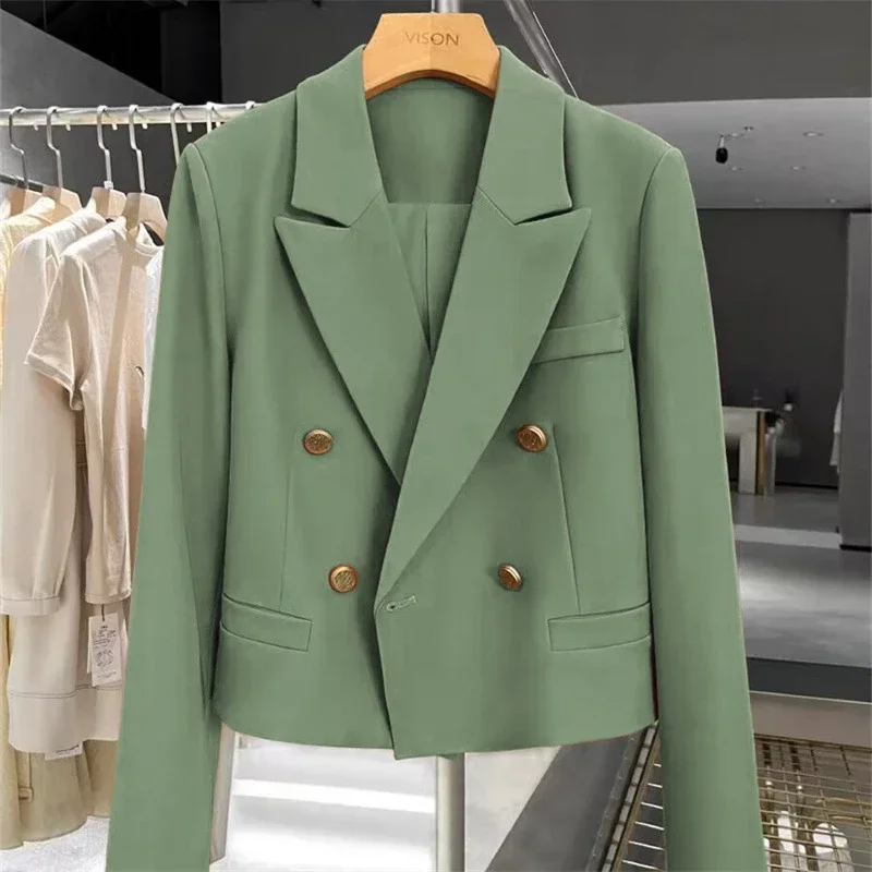 Women's Short Suit Jacket  Autumn 2025 Female Casual Suit Double-breasted Office Lady Solid Coffee Turndown Collar Blazers Women
