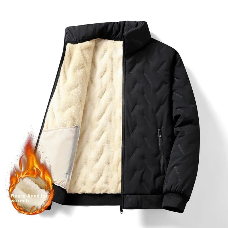 سترة شتوية رجالية سميكة من صوف الحملان، فضفاضة ودافئة ومقاومة للرياح، معطف قطني بياقة عالية مبطن بالفرو مع سحاب متين