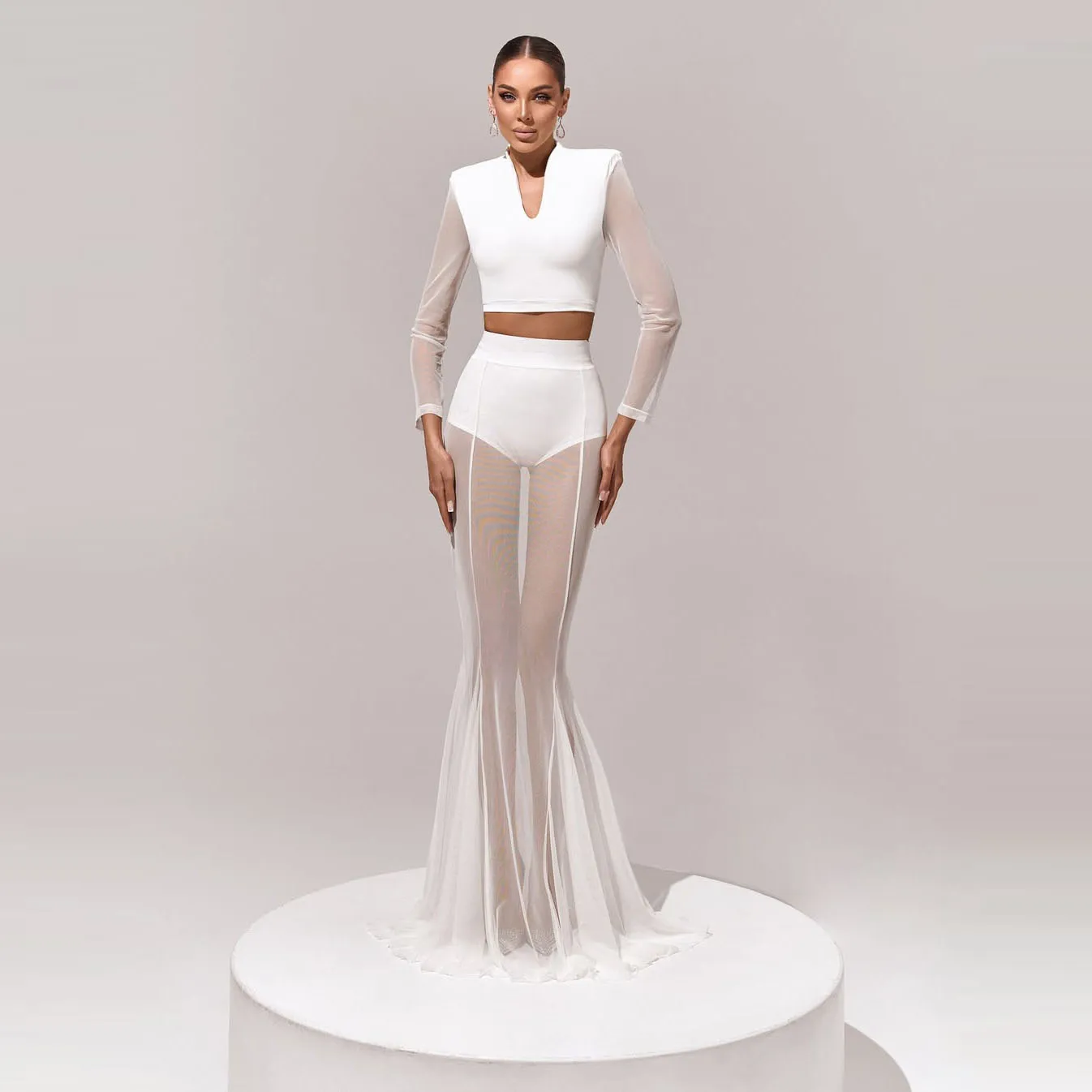 

Женская юбка-русалка с высокой талией из белой шифоновой ткани с прозрачным накладкой и кружевной отделкой для выпускного вечера, дня рождения, вечеринки