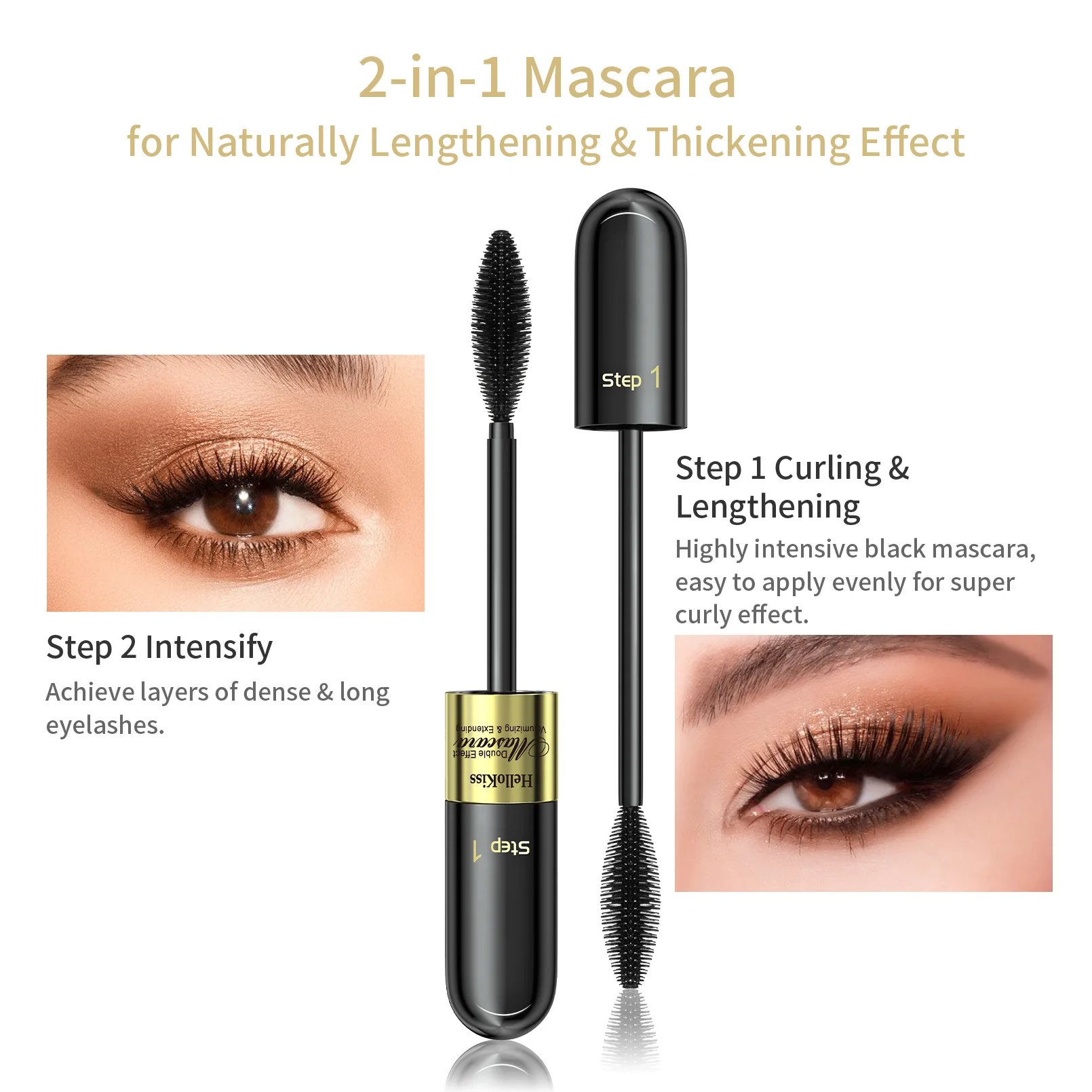 4D 2 in 1 Mascara Double Effect Lengthening Curling Volumizing Waterproof No Smudge Cross Border for Perfect Lash Look