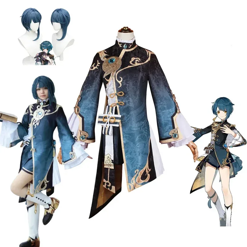 

Genshin Impact XingQiu Cosplay Costume Full Set with Shoes Earrings Wig, Anime Game Character Outfit Halloween Party Women Dress