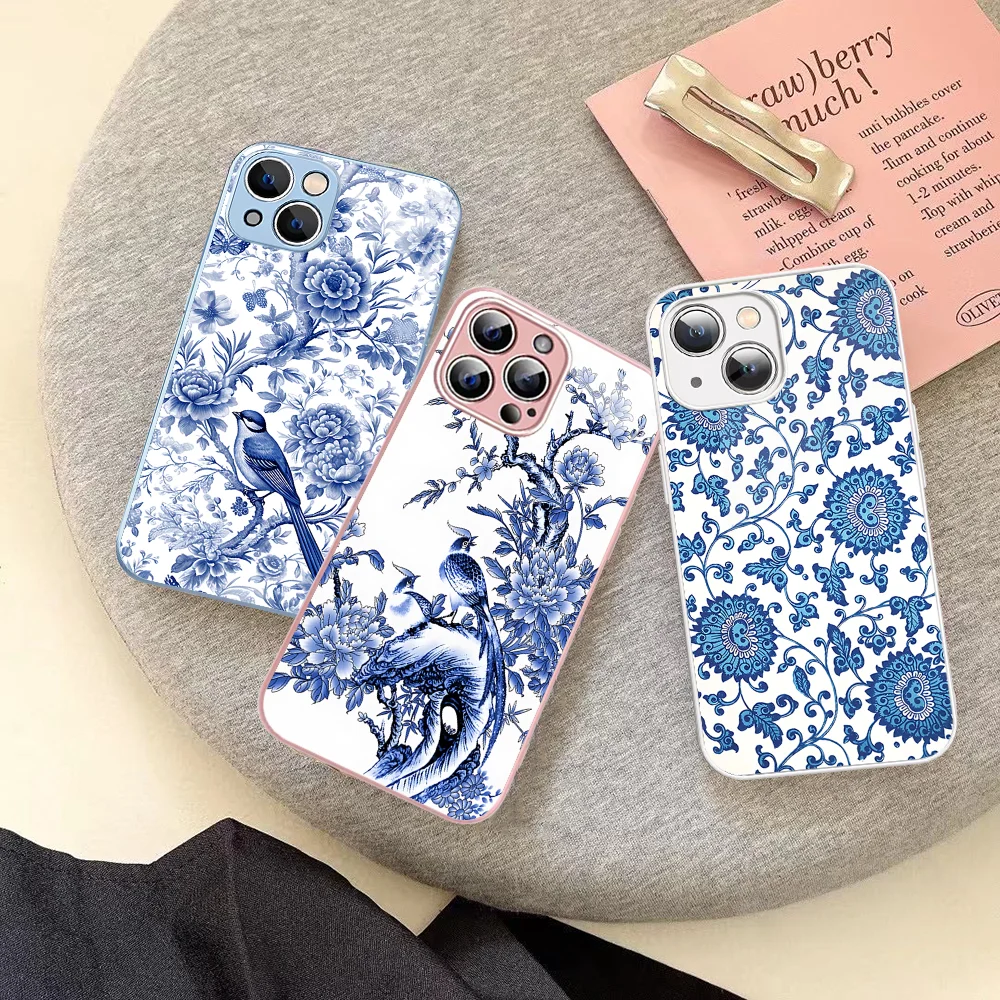 

Blue And White Porcelain Phone Case For IPhone 14 13 12 Mini 11 Pro XS Max X XR 14 Plus Tempered Glass Cover