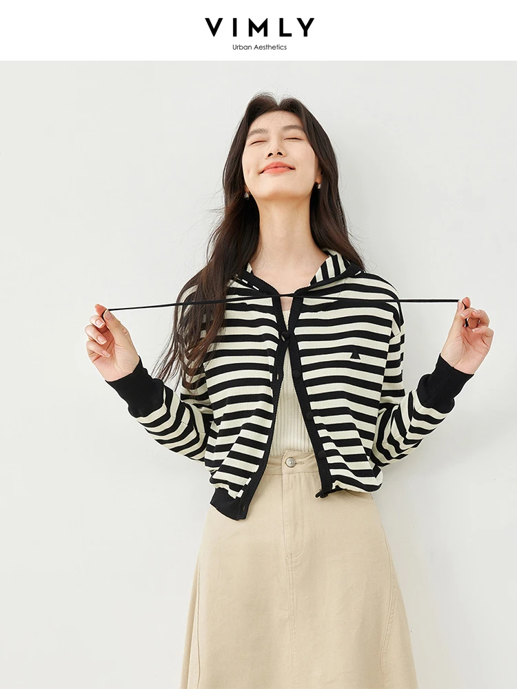 Vimly Lyocell Striped Hooded Knitted Cardigans 2024 Spring New High Strecth Female Knitewear Casual Knit Long Sleeve Top 72698