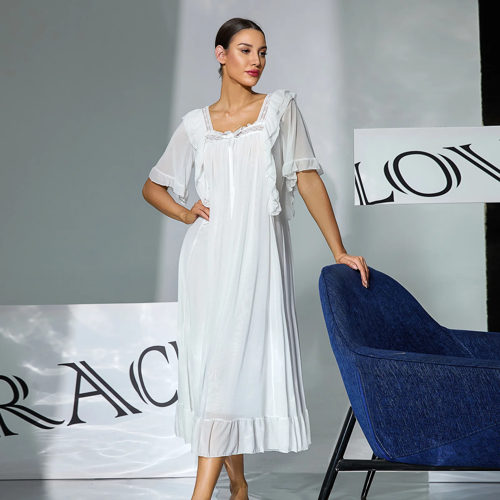 Nightgown Set Nightwear Loungewear Soft Loose Slimming Sheer Ruffle Square Collar Homewear Lightweight Sexy Romantic Summer