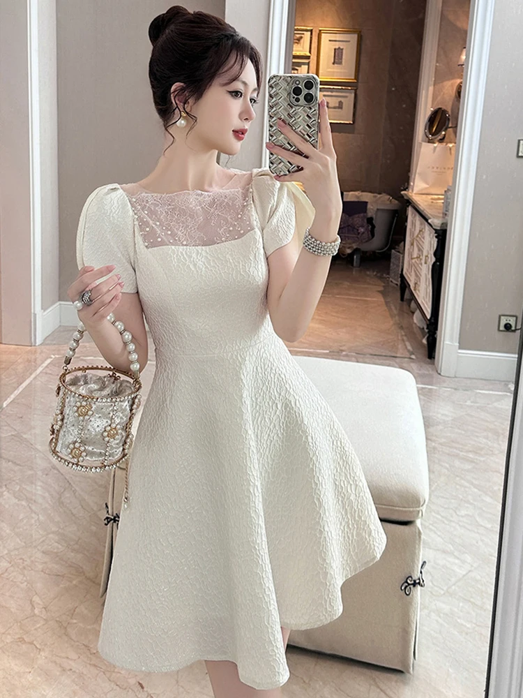 Elegante abito da festa di compleanno Kawaii Prospettiva carina da donna Maglia trasparente Splice Altalena Abito corto Donna Prom Data Abiti da strada