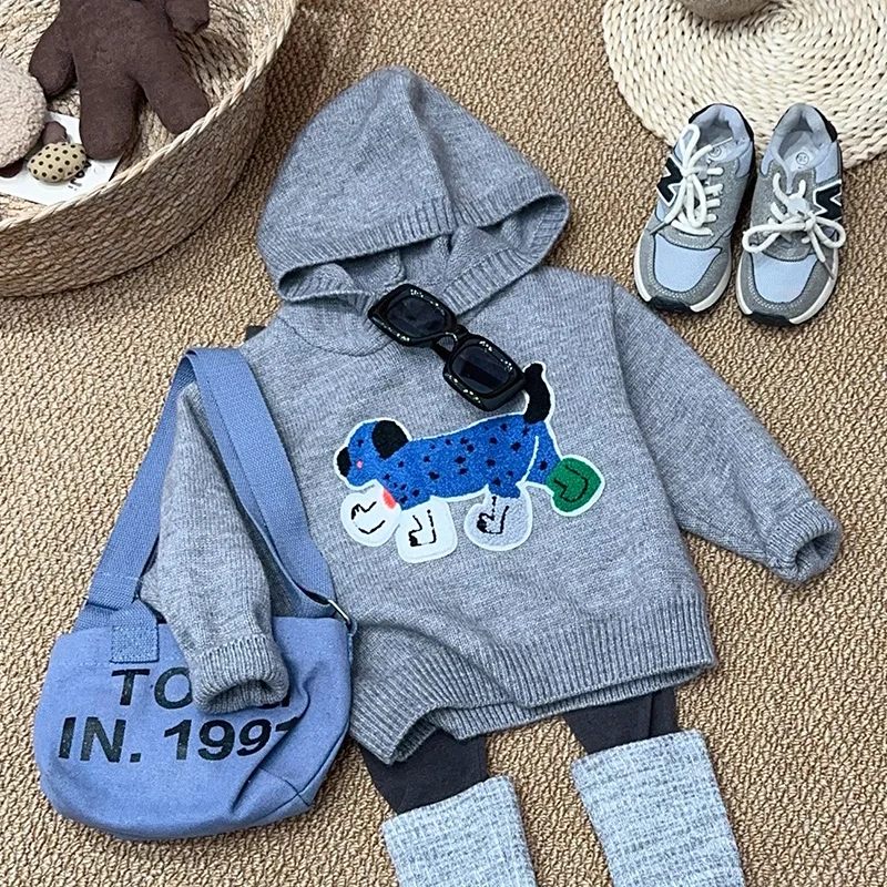 Baby Girls Cartoon Dog Sweaters with Hooded 2024 Korea Style Children's Sweater Full Sleeve Pullover Sweater for Boys and Girls