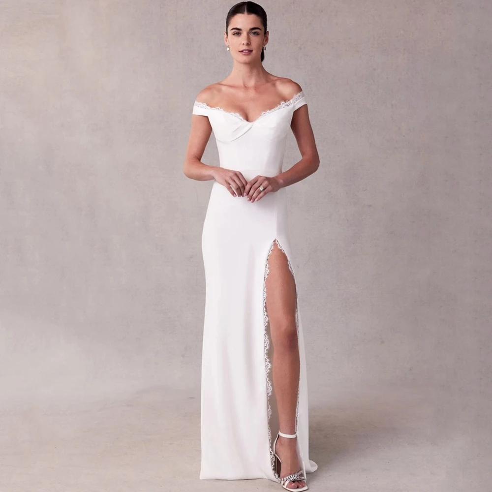 

Elegant Off the Shoulder Wedding Dress with Lace Mermaid Floor Length Sexy Side Slit Bridal Open Back Button Sweep Train Gown