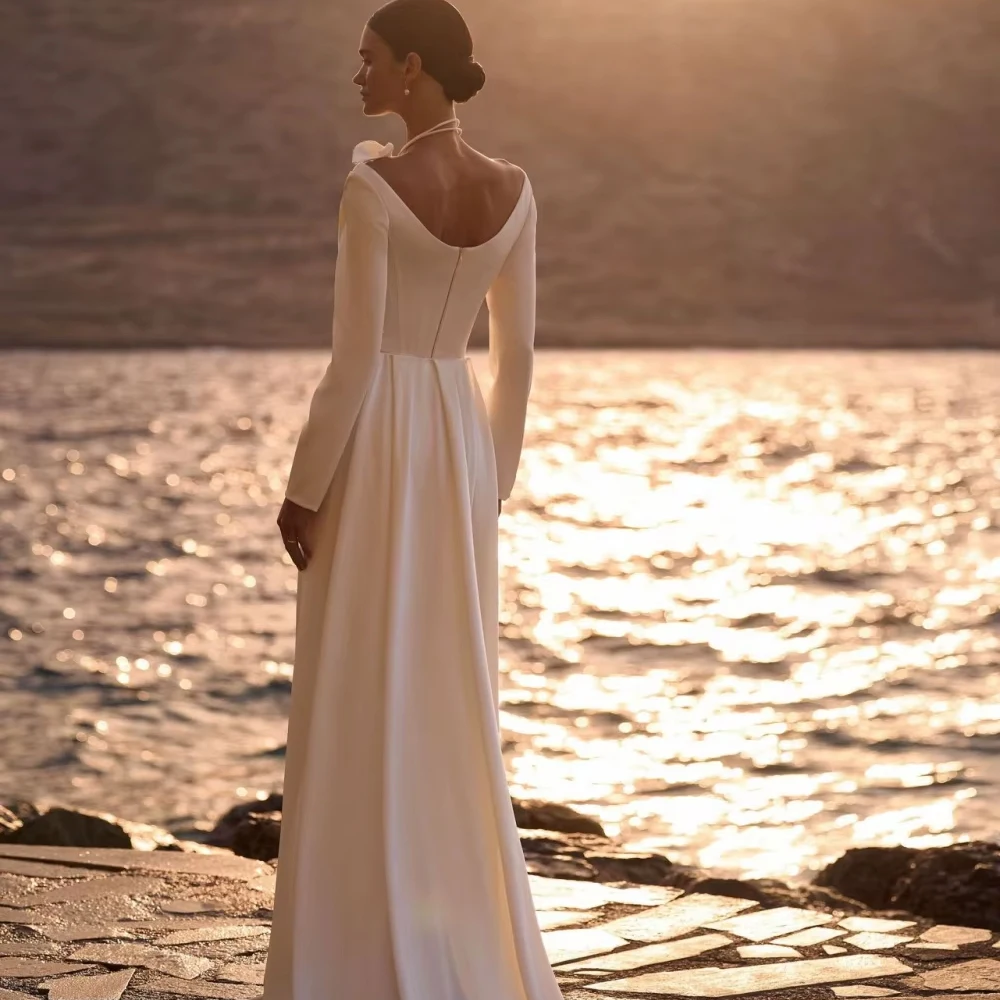 Robe de mariée plissée ivoire personnalisée, longueur au sol, modeste, manches longues, robes de plage élégantes de rêve