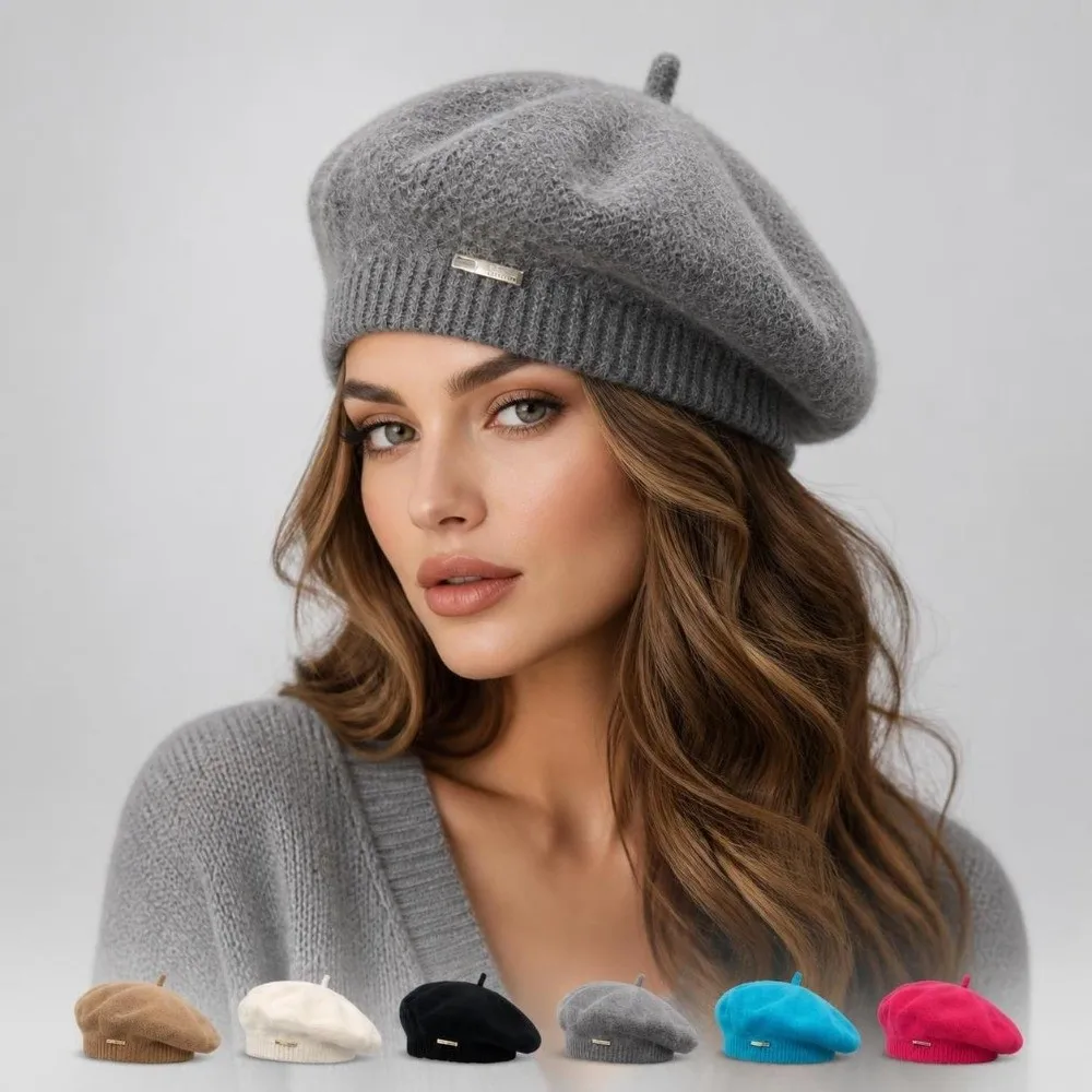 Fashion Warm Woolen Crochet Knitted Hat Solid Color Metal Label Beret Hat Anti-cold Knit Cap Winter