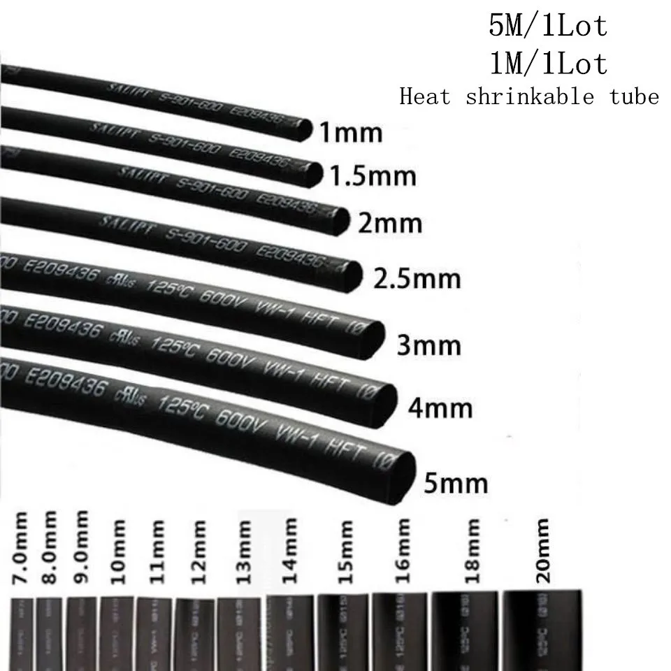 

5 Meter 2:1 Black 1 2 3 5 6 mm Diameter Heatshrink Tubing Tube Sleeving Wrap Wire DIY Connector Repair