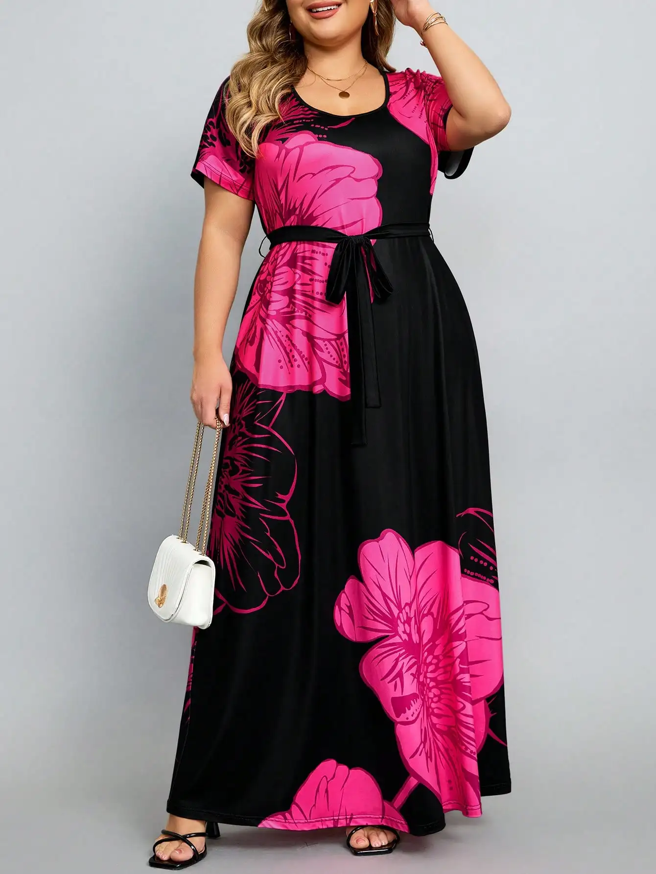 Vestido estampado casual de cintura alta feminino, solto, flores digitais, verão