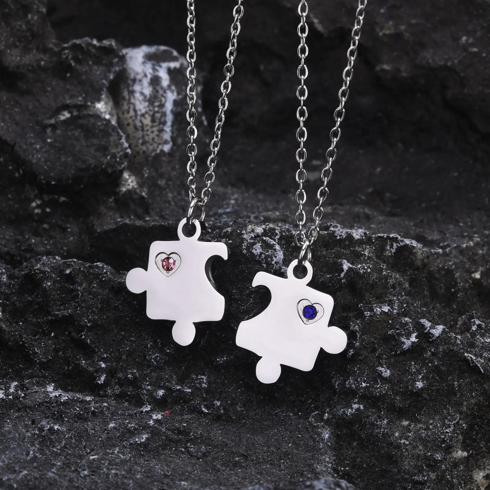 Jigsaw Couple Necklace Stainless Steel Flat Cross Chain,all-light Pink/Blue Zircon Stitching Pendant I Love You Puzzle Jewelry