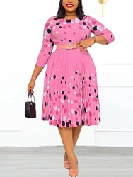 Elegant Printed Polka Dot Women Office Dress O Neck Midi With Waist Belt Pleated A-line Clothing Formal Event Work Wear Robe New