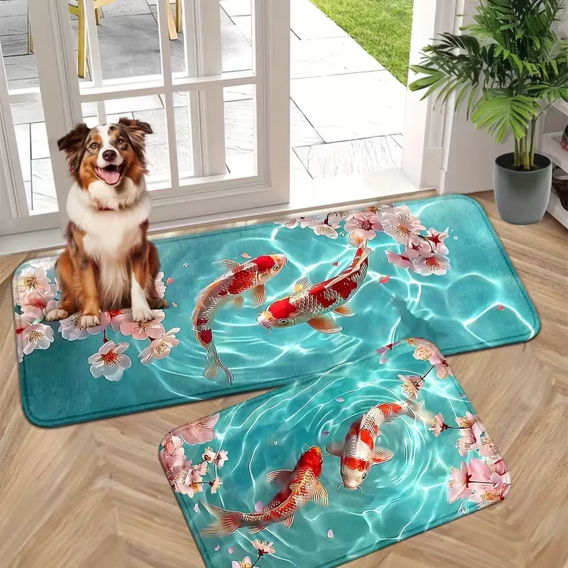 3D Koi Fish and Cherry Blossom Area Rug, Soft Non-Slip Indoor Outdoor Floor Mat for Entrance and Home Decor