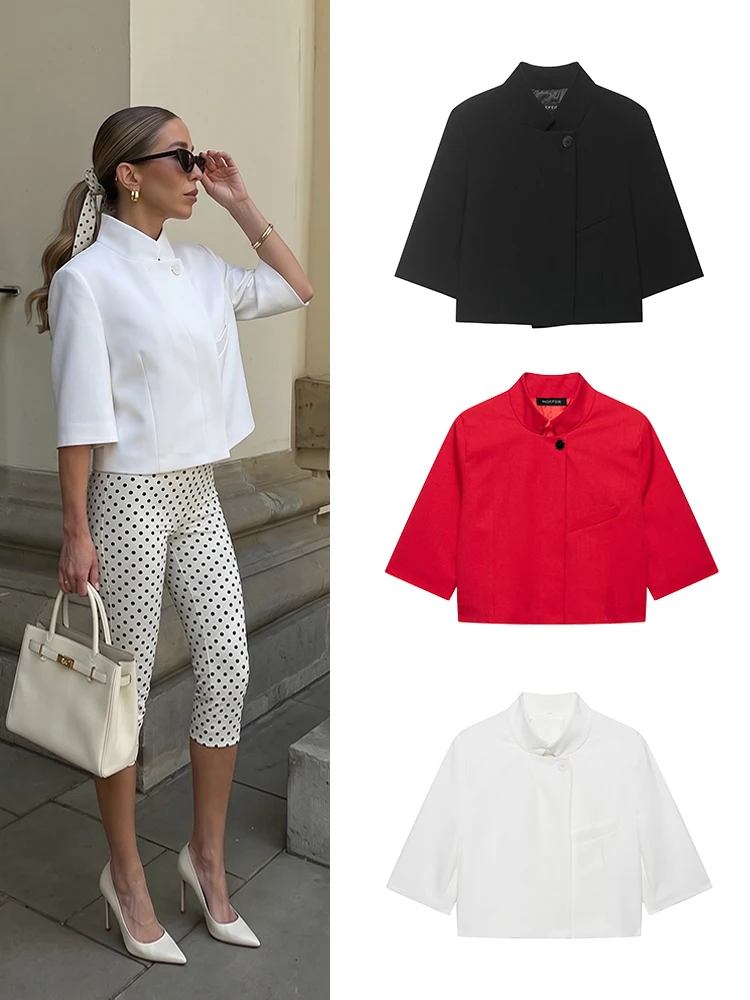 

HH Cropped Stand Collar Blazer Women's Half Sleeve Asymmetric Button Short Jacket Sexy Spring Summer Street Casual Office Wear