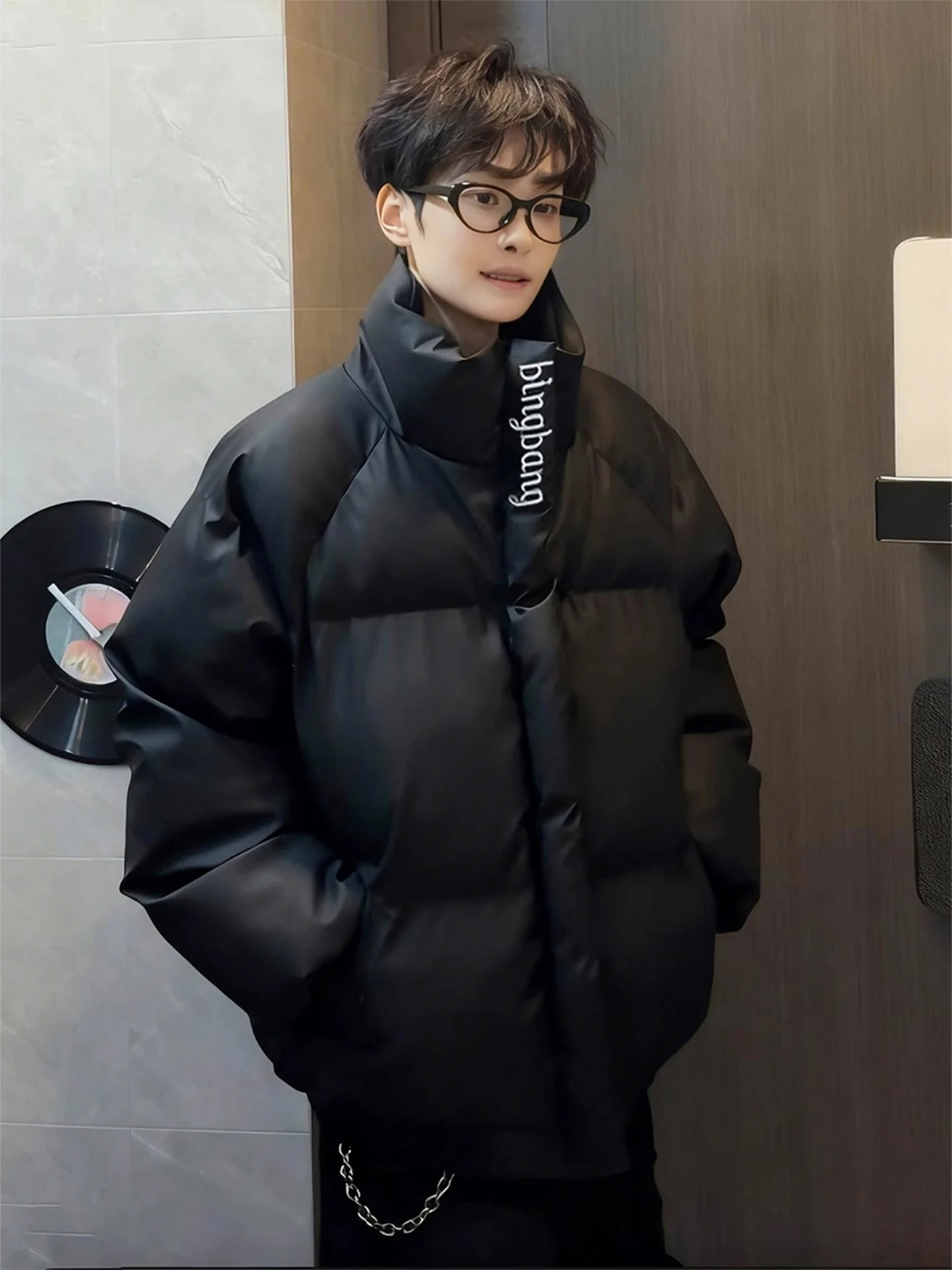 

Bla PU Leather Embroidered Stand Collar down Cotton Jaet Men's Winter Thi Warm Cotton Coat American Tee-Proof Bread Coat