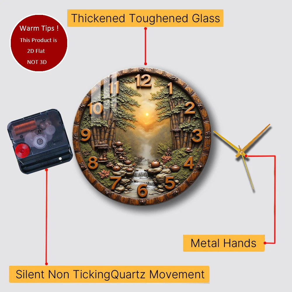 Tempered Glass Wall Clock Wooden Carving Bamboo Stream Teapots Sunset Suitable For Wall Decor or Tabletop Display Anywhere