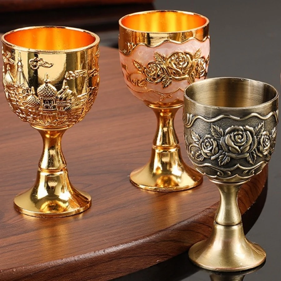 European Vintage Wine Glasses,Carved Castle 30 ml Mini Spirit Vodka Cup,Bronze Alloy Portable Spirits Goblet,Wedding Decoration