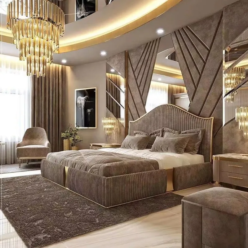 High-end luxury solid wood winged design High frame high headboard king size bed