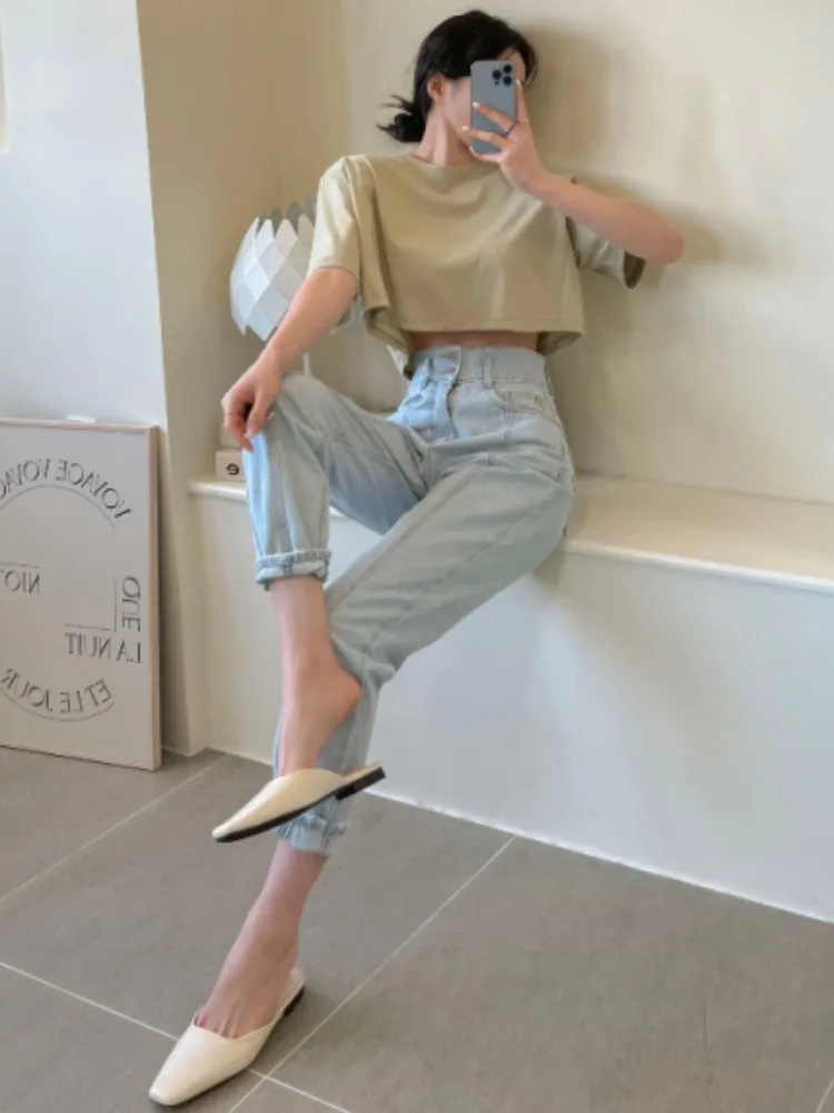 

Шикарные летние повседневные джинсовые узкие брюки с высокой талией в стиле ретро, женские джинсы Sli, универсальные классические прямые брюки...