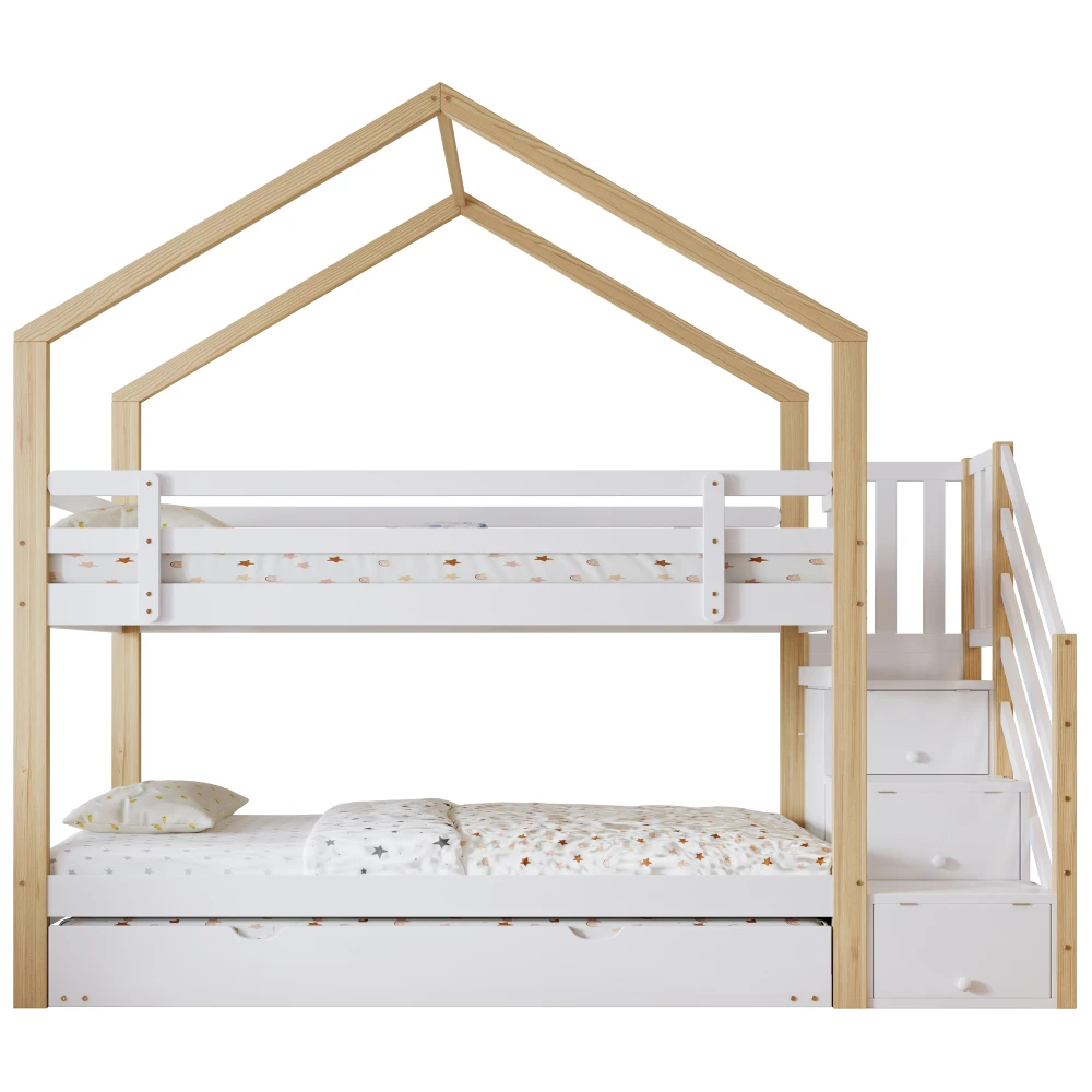 PINGGO Naturweißes Holzhausbett 90x200+90x190cm Kinder-Etagenbett mit Rutsche, Treppe, 3 Schubladen, Sicherheitsgeländer, ohne Matratze – Detail 10