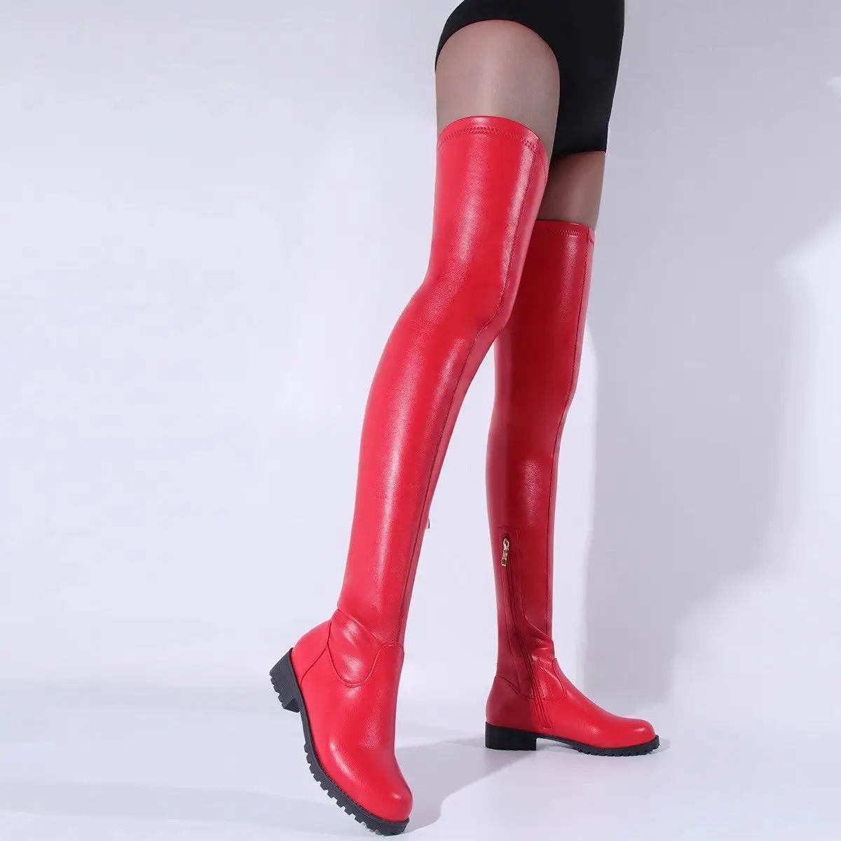 

2025 Spring Autumn Europe America Plus Size Unisex Over The Knee Boots Side Zipper Low Heel Anti Slip Soft Leather Solid Color