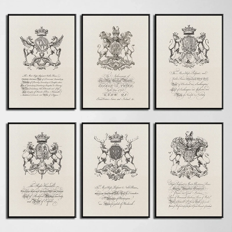 Vintage Coat of Arms Posters and Prints 18th Restoration Style Canvas Painting Wall Art Picture for Living Room Home Decor