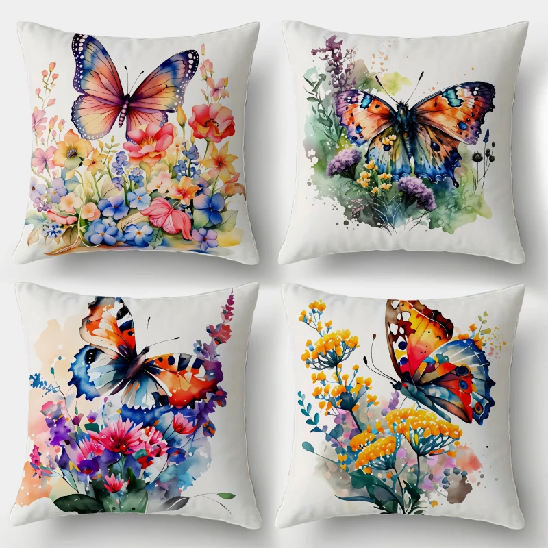 4Pcs, Watercolor Hand-Painted Butterfly Floral Pillow Covers, Single-Sided, Zipper Closure, Washable Polyester - Perfect for Sofa, Living Room, Bedroom Decoration, Decorative Pillows.
