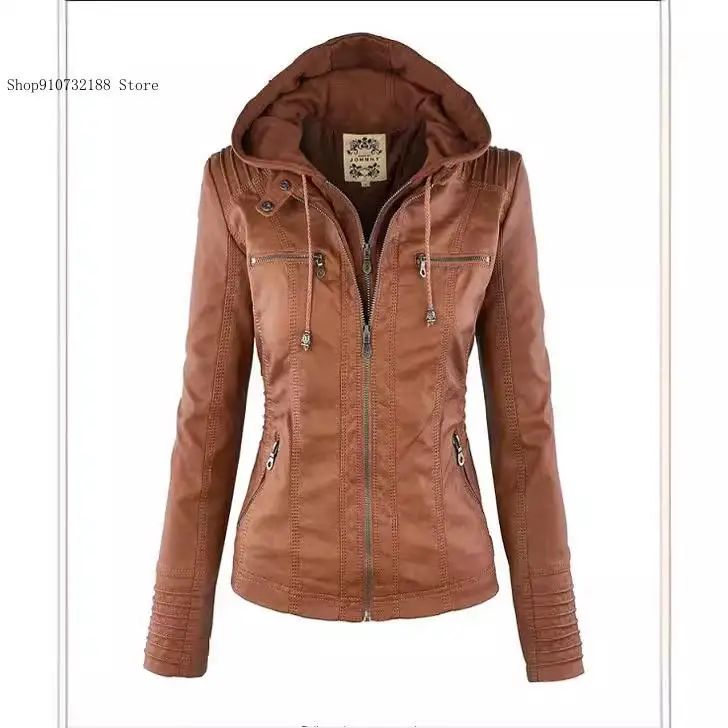 Spring and Autumn Women's Long Sleeve Jacket Coat with Solid Color Zipper Closure and Removable Hood