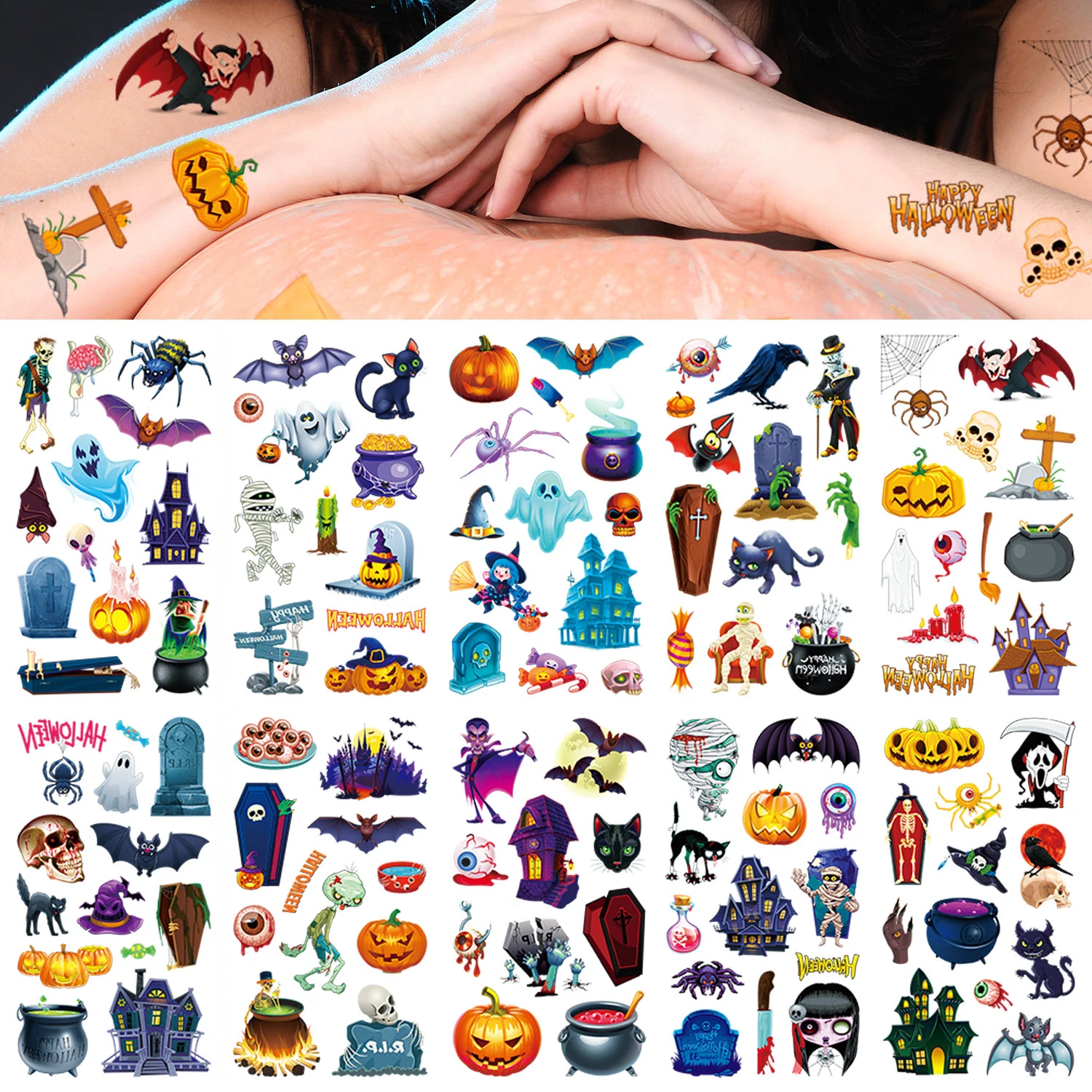 10 أوراق مكونة من 120 قطعة من ملصقات الوشم بنمط عنصر الهالوين، شبح اليقطين الخفافيش والزومبي، مقاومة للماء وواقعية