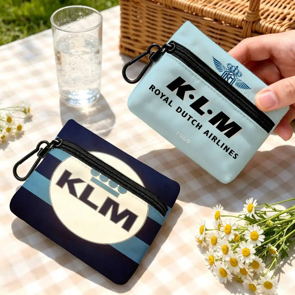 Netherlands K-Klm R-Royal Dutch Airlines Lightweight Oxford Fabric Coin Purse Carabiner Hook Design Mini Card Key Organizer Bag