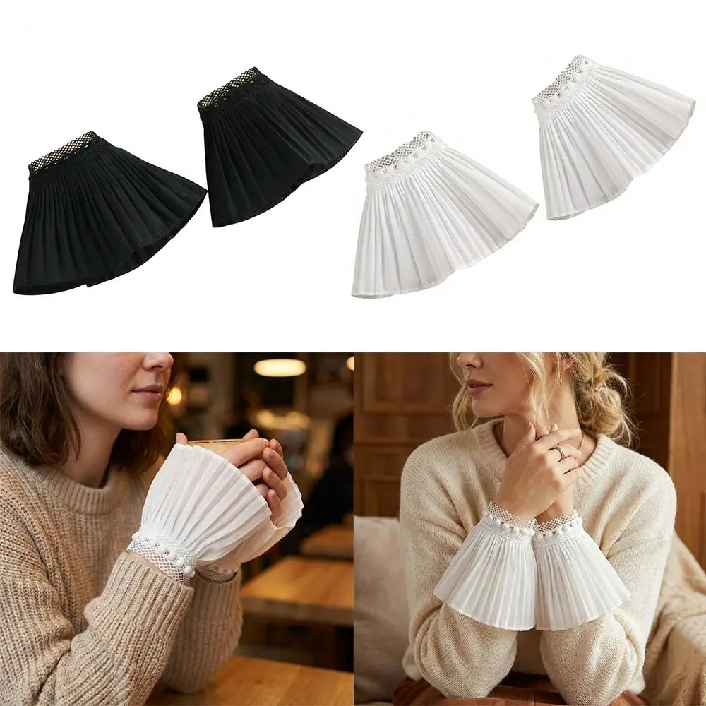 

1 Pair Fashion Lace Pleated Fake Cuffs Elastic Thin Sweater Horn Cuffs Chiffon Wristband Accessory Women