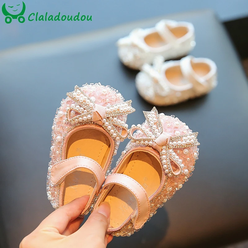 11-15cm High Quality Dress Shoes For 0-3Years Little Princess,Bling Rhinestones Full Pearls Toddler Girls Flats Shoes For Party