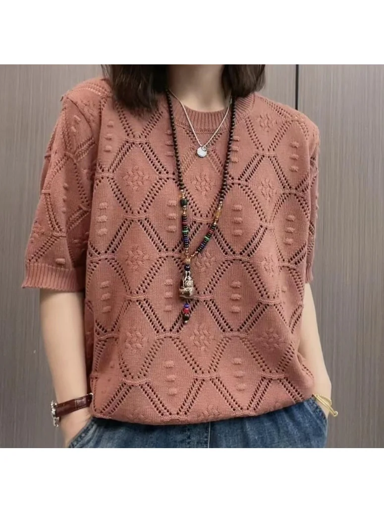 

Casual Fashion Short Sleeve Knitted Top Summer New Hollow out Slim Fit Women's T-Shirt Breathable Lightweight Meat Concealing