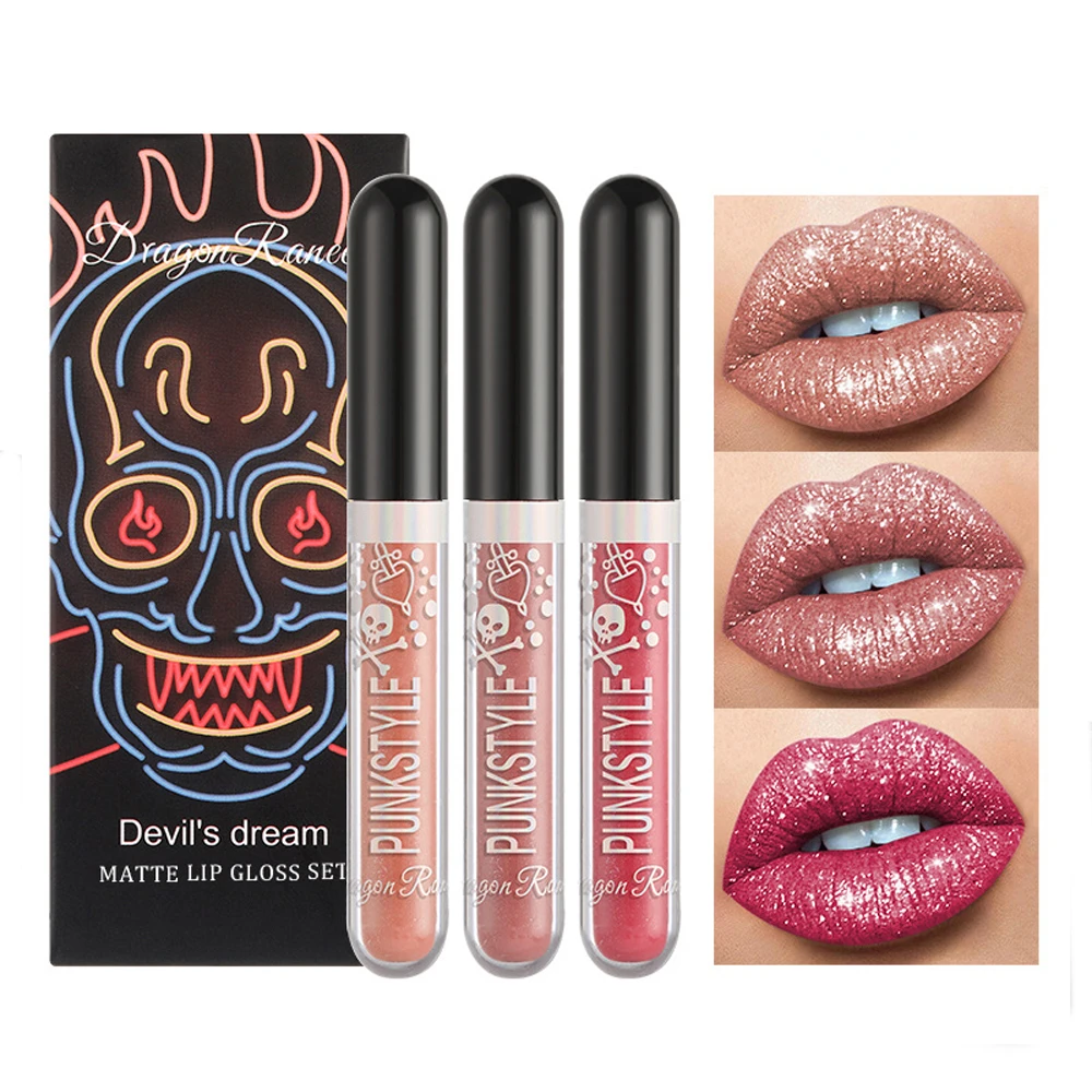 Brillo de labios con brillo de diamante resistente al agua, 3 uds., taza antiadherente, juego de lápices labiales líquidos mate, maquillaje de labios Sexy hidratante duradero